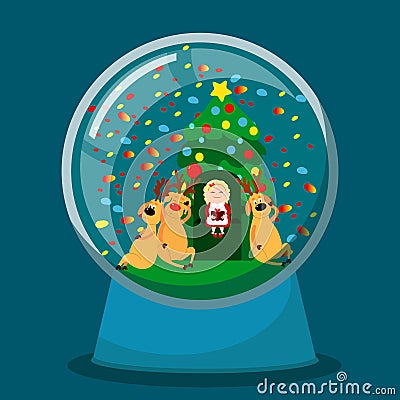 In a glass snow globe Mrs. Santa Claus is reading a book Reindeer in a house. Mother Christmas is sitting on a chair. Vector Illustration