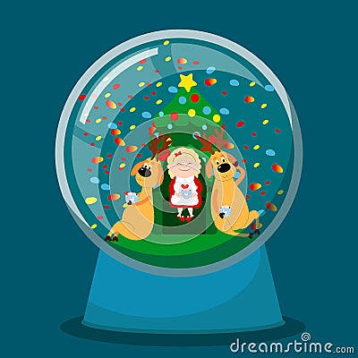 In a glass snow globe Mrs. Santa with deers drinks hot chocolate with marshmallows in a house. Vector Illustration