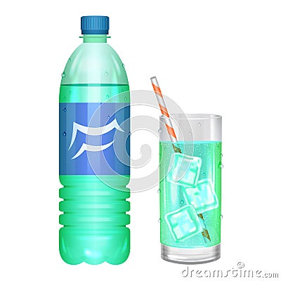 Glass of soda with ice cubes and soda in bottle. Vector Vector Illustration