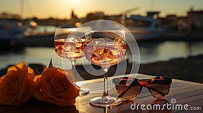 glass sparkling orange water and sunglasses relaxing on beach at sunset Stock Photo