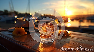 glass of sparkling orange water and sunglasses relaxing on beach at sunset Stock Photo