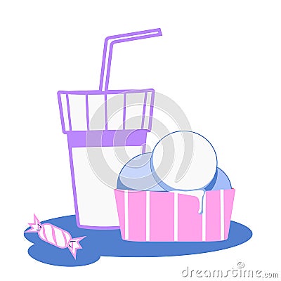 glass with sparkling water, muffin and candy Vector Illustration