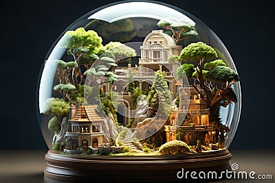 a glass sphere with a microcosm inside, a small fabulous palace between trees Stock Photo