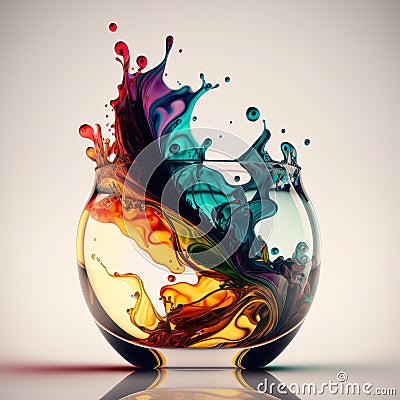 Glass with splashes colors flowing through the liquid Stock Photo