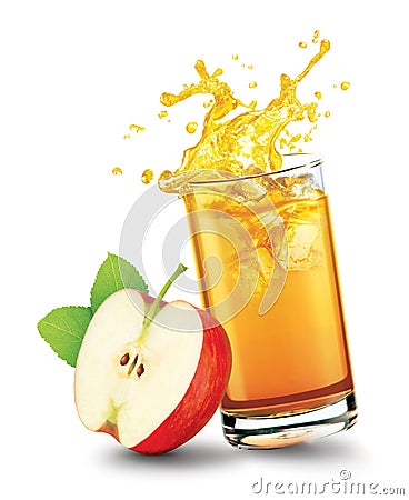 Glass of splashing apple juice with apple fruit on white background Stock Photo