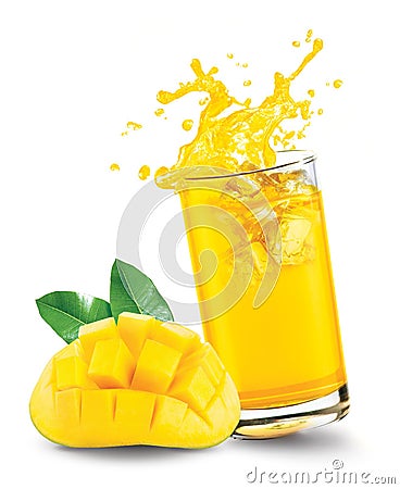 Glass of splashing mango juice with mango fruit on white background Stock Photo