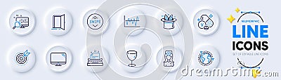 Glass, Stock analysis and Open door line icons for web app. Pictogram icon. Vector Vector Illustration