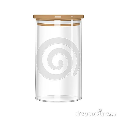 Glass storage jar with airtight seal bamboo lid vector mockup. Clear empty food container realistic illustration Vector Illustration
