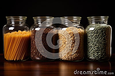 glass storage jars filled with grains and pastas Stock Photo