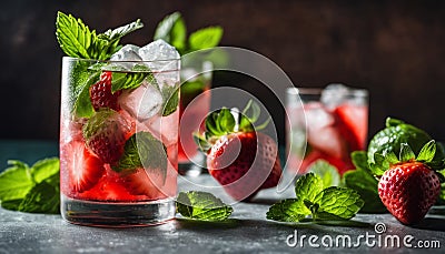 A glass of strawberry lemonade with strawberries and mint Stock Photo