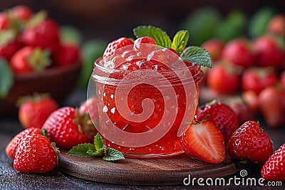 A glass of strawberry rhubarb-strawberry marmalade Stock Photo