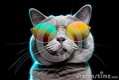 colourful pet portrait fashion cute sunglasses cat animal neon funny. Generative AI. Stock Photo
