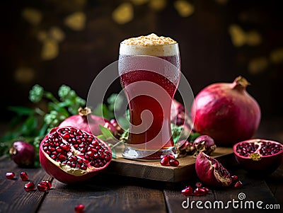 Glass of sweet dark fruit beer with pomegranate juice and foam on wooden table on dark background. Pomegranate beer close up with Stock Photo