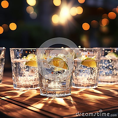 a glass table top with a collection of clear glasses filled with slices of fresh limes Cartoon Illustration