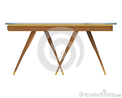 Glass tabletop wood table three-quarter view in realistic style. Transparent table top. Home wooden furniture design Cartoon Illustration