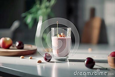 Glass of cherry almond smoothie for breakfast on sunny morning in the kitchen Stock Photo