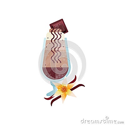 Glass of tasty coffee drink with piece of chocolate on top. Beautiful vanilla flower. Hot beverage in transparent vessel Vector Illustration