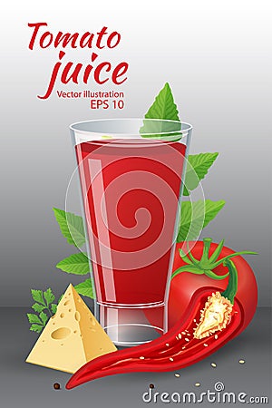 A glass of of tasty fresh tomato juice with red ripe tomatoes, green tomato leafs, cheese, hot chili pepper and parsley Vector Illustration