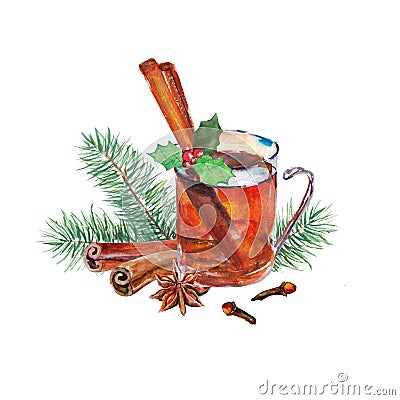 Glass of tea with holly, anise, cinnamon, carnation and firtree branch. Watercolor hand-drawn object isolated on white background. Cartoon Illustration