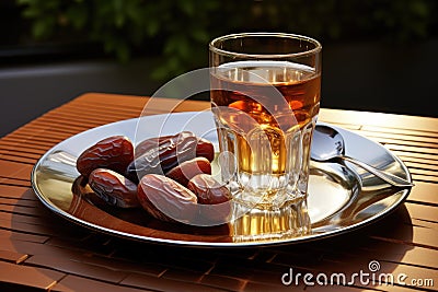 Glass of Tea and Nuts on Plate, Refreshing Beverage and a Nutty Snack, Glass of water and dry dates on saucer ready to eat for Stock Photo