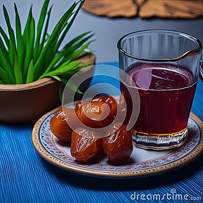 a glass of tea and some dates on a plate Stock Photo