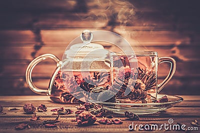Glass teapot with blooming tea flower Stock Photo