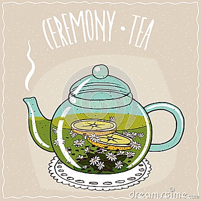 Glass teapot with chamomile tea Vector Illustration