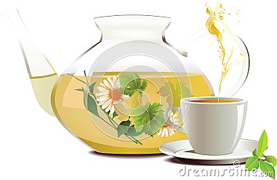 Glass teapot and cup with tea. Vector Illustration