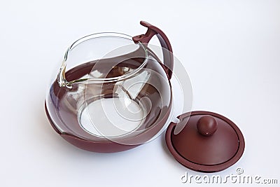 Glass teapot with plastic collapsible parts. Detailed display of the kettle Stock Photo