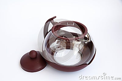 Glass teapot with plastic collapsible parts. Detailed display of the kettle Stock Photo