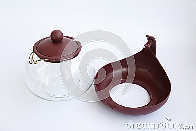 Glass teapot with plastic collapsible parts. Detailed display of the kettle Stock Photo