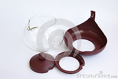 Glass teapot with plastic collapsible parts. Detailed display of the kettle Stock Photo