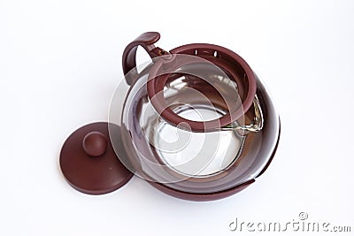 Glass teapot with plastic collapsible parts. Detailed display of the kettle Stock Photo