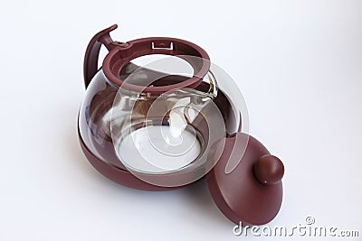 Glass teapot with plastic collapsible parts. Detailed display of the kettle Stock Photo