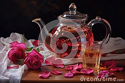 glass teapot with rose tea, with scattered rose petals and a tea strainer beside it Stock Photo