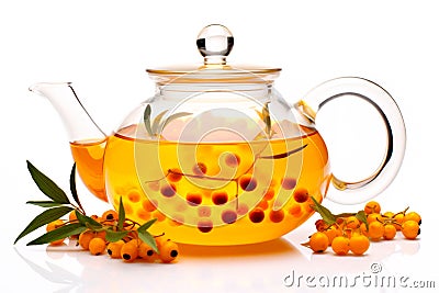 A glass teapot with sea-buckthorn berries, oolong tea in glass kettle isolated on white background. Chinese tea ceremony Stock Photo