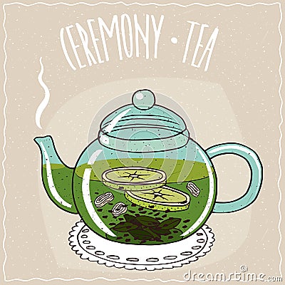 Glass teapot with tea with ginger and lime Vector Illustration