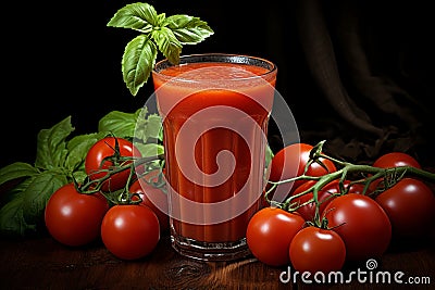 Glass of tomato juice and fresh tomatoes on rustic wooden table in natural light Stock Photo