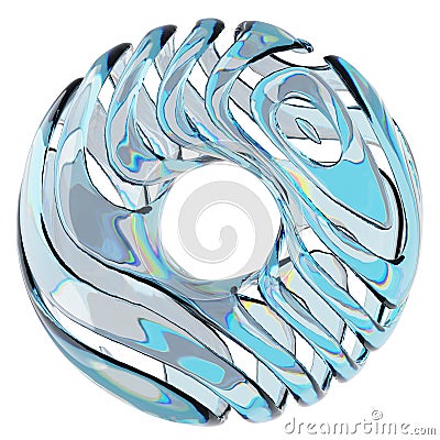 glass torus donut figure made of iridescent glass spilling in waves, blue tint, refraction of light, isolated abstract element Stock Photo