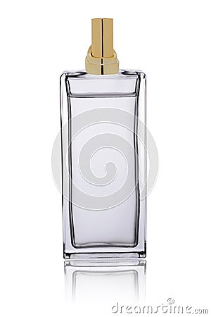 Glass transparent Cologne bottle isolated on a white background with reflection Stock Photo