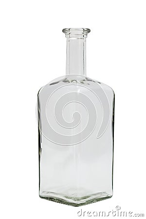 Glass transparent empty simple square bottle on isolated background. Stock Photo