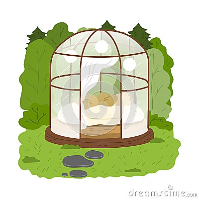 Glass transparent glamping house with bedroom inside surrounded by green forest Vector Illustration