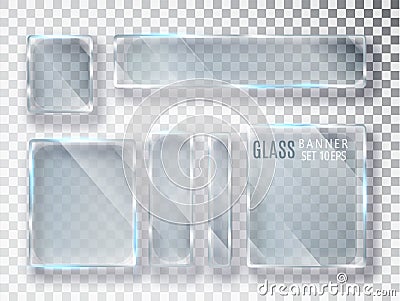 Glass transparent plates set. Vector glass modern banners isolated on transparent background. Flat glass. Realistic 3D design. Vec Vector Illustration