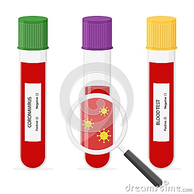 Glass tube with blood for detail test on covid-19, coronavirus with magnifier. Positive test. Blood sample. Virus analysis for Vector Illustration