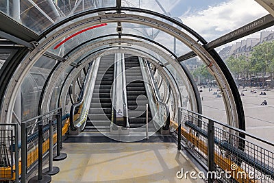 Glass tube corridor with escalator at Pompidou Centre in Paris Editorial Stock Photo