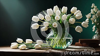 Glass vase containing a bouquet of splendid white tulips Stock Photo