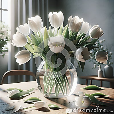 Glass vase containing a bouquet of splendid white tulips Stock Photo