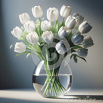 Glass vase containing a bouquet of splendid white tulips Stock Photo