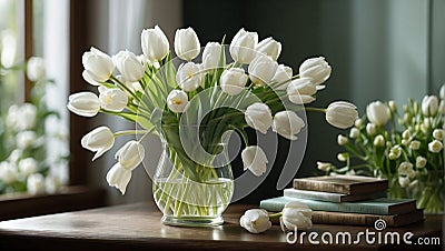 Glass vase containing a bouquet of splendid white tulips Stock Photo