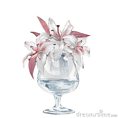 Glass vase with flowers. Lilies Cartoon Illustration